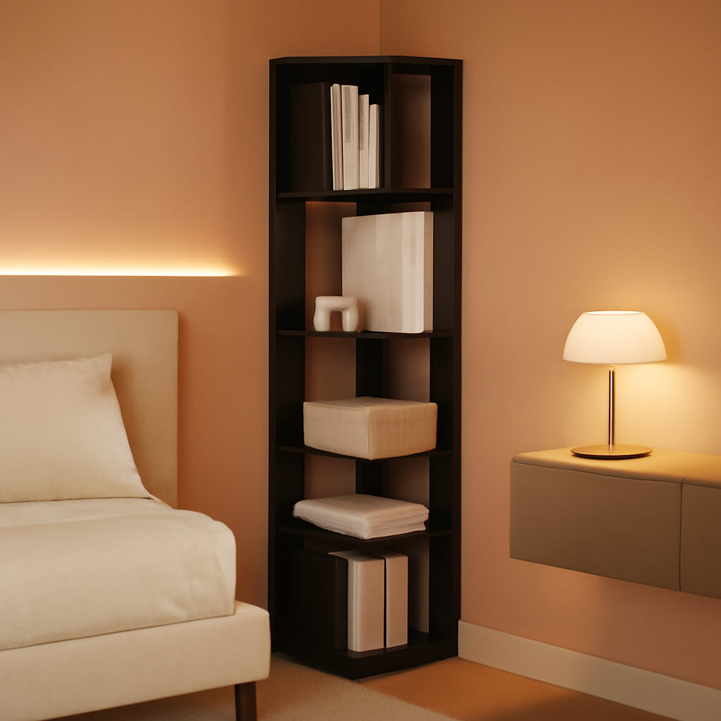 Zigzag Corner Bookshelf Space Saving Espresso Black